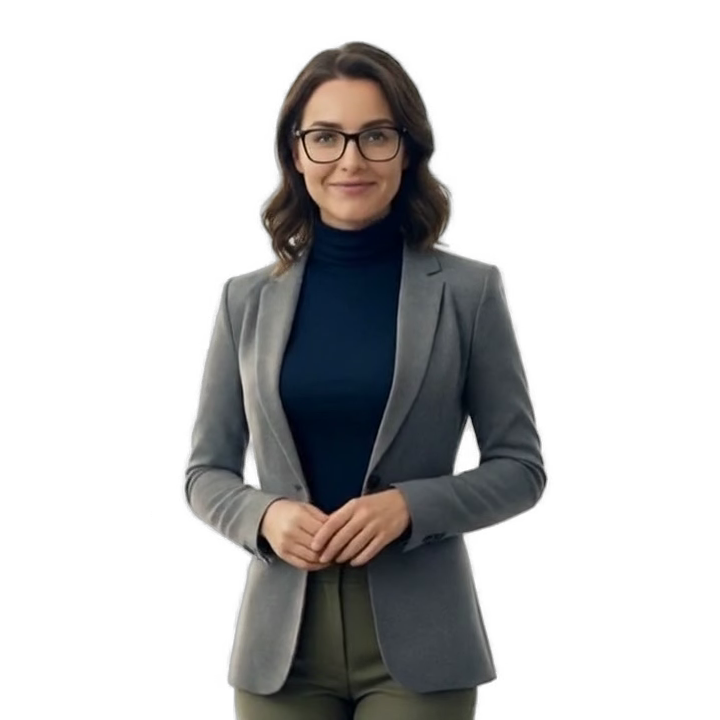 Illustrative synthetic presenter in a gray blazer, reused from CreatorsAGI.